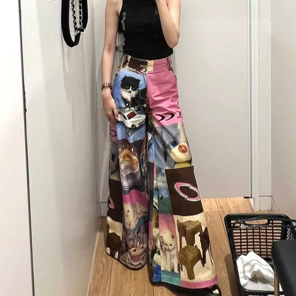 Cat Contrast Patchwork Wide Leg Trousers