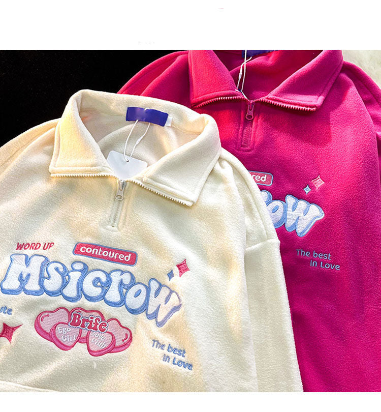 Love Heart Letter Embroidery Loose Long Sleeve Pullover