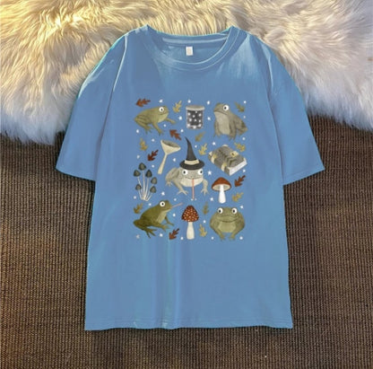 Cute Frog Magic Mushroom Witchcraft Print Short Sleeve T- Shirt Top Aesthetic Casual Summer E-Girl Kawaii Korean Japanese Harajuku