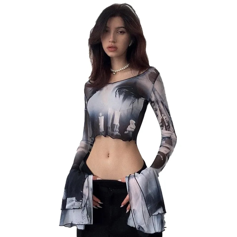 Y2K Punk Print Flare Long Sleeve Top