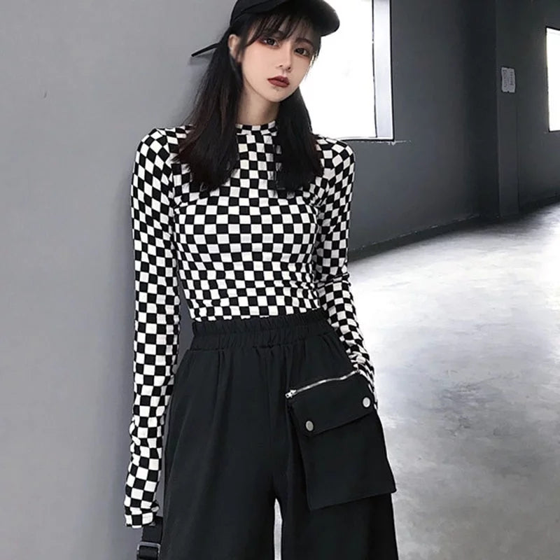 Cute Black White Checkerboard Plaid Long Sleeve Shirt Top Punk Goth Aesthetic Casual E-Girl Kawaii Korean Japanese Harajuku