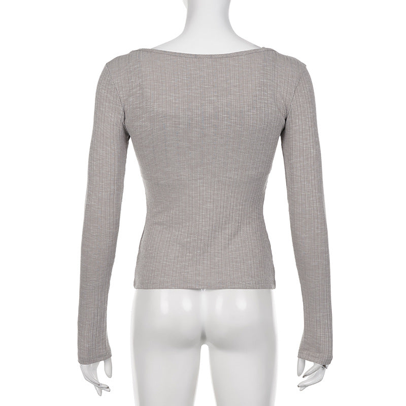 Grey Ribbed 2PCS Long Sleeve Shirt