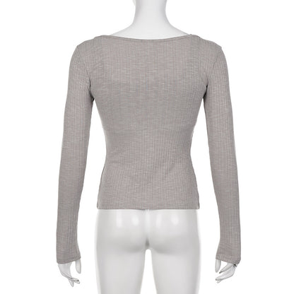 Grey Ribbed 2PCS Long Sleeve Shirt