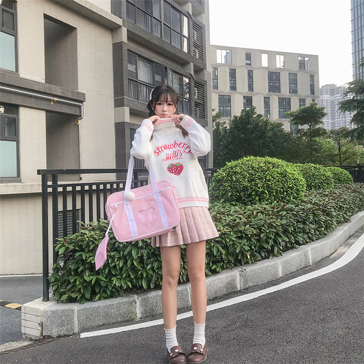 Cute Pastel Pink Strawberry Milk Turtleneck Knit Sweater Sweatshirt Jumper Long Sleeve Pullover E-Girl Kawaii Korean Japanese Harajuku Streetwear