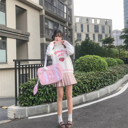 Cute Pastel Pink Strawberry Milk Turtleneck Knit Sweater Sweatshirt Jumper Long Sleeve Pullover E-Girl Kawaii Korean Japanese Harajuku Streetwear