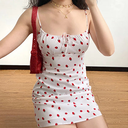 Cute White Strawberry Print Spaghetti Strap Sleeveless Mini Dress Beach Party Summer Aesthetic Casual E-Girl Kawaii Korean Japanese Harajuku