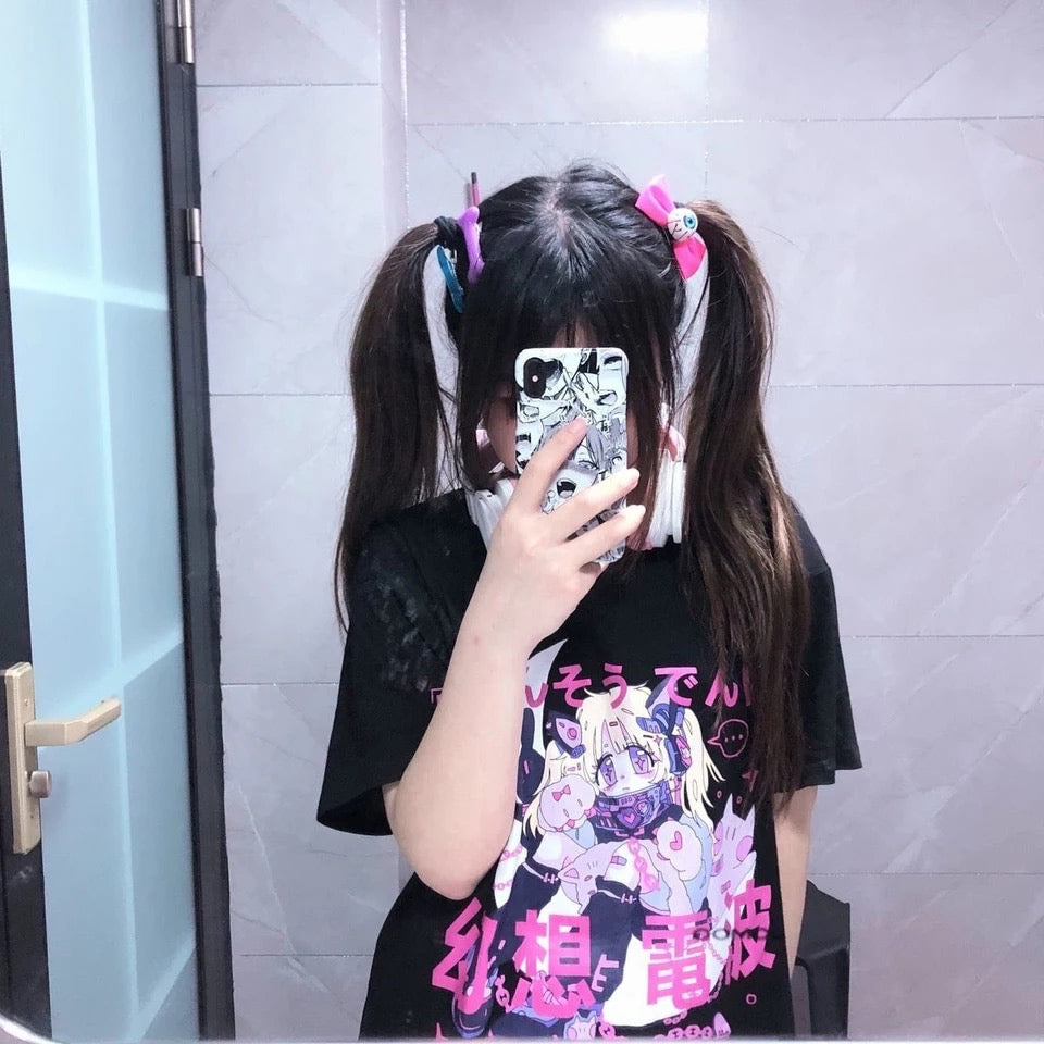 Anime Cartoon Print Grunge Loose Steampunk Goth Punk Short Sleeve Shirt T-shirt Top Summer Causal E-Girl Kawaii Korean Japanese Harajuku Streetwear