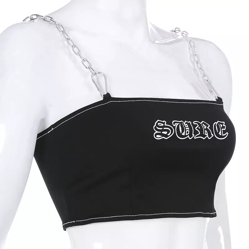Sexy Black Goth Punk Letter Print Metal Chain Camisole Tank Crop Top Shirt Summer E-Girl Kawaii Korean Japanese Harajuku Retro Streetwear