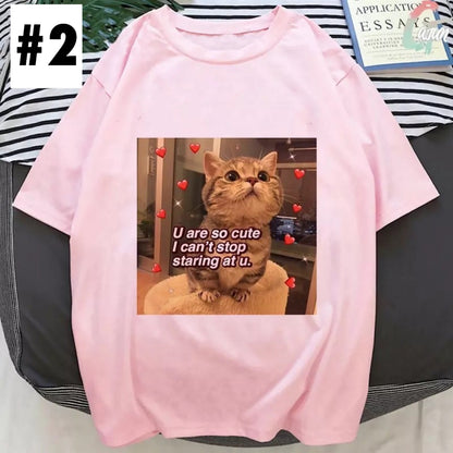 Cute Pink Funny Cat Kitten Meme Cartoon Print Loose Short Sleeve Short T-shirt Tee Top Summer Casual E-Girl Kawaii Korean Japanese Harajuku Streetwear