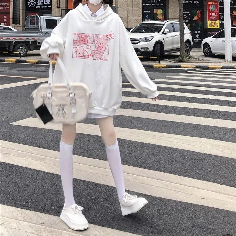 Pink Bear Cartoon Print Hoodie