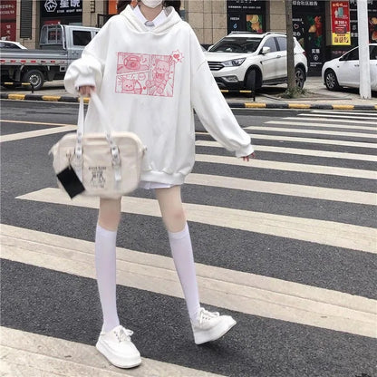 Pink Bear Cartoon Print Hoodie