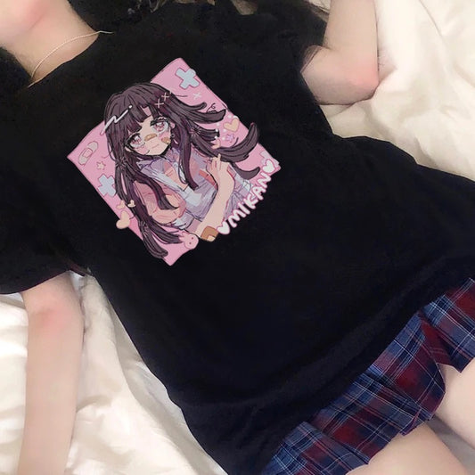 Cute Sweet Vintage Black Anime Girl Cartoon Print Short Sleeve Shirt Oversize Loose T-shirt Top Goth E-Girl Kawaii Korean Japanese Harajuku Streetwear