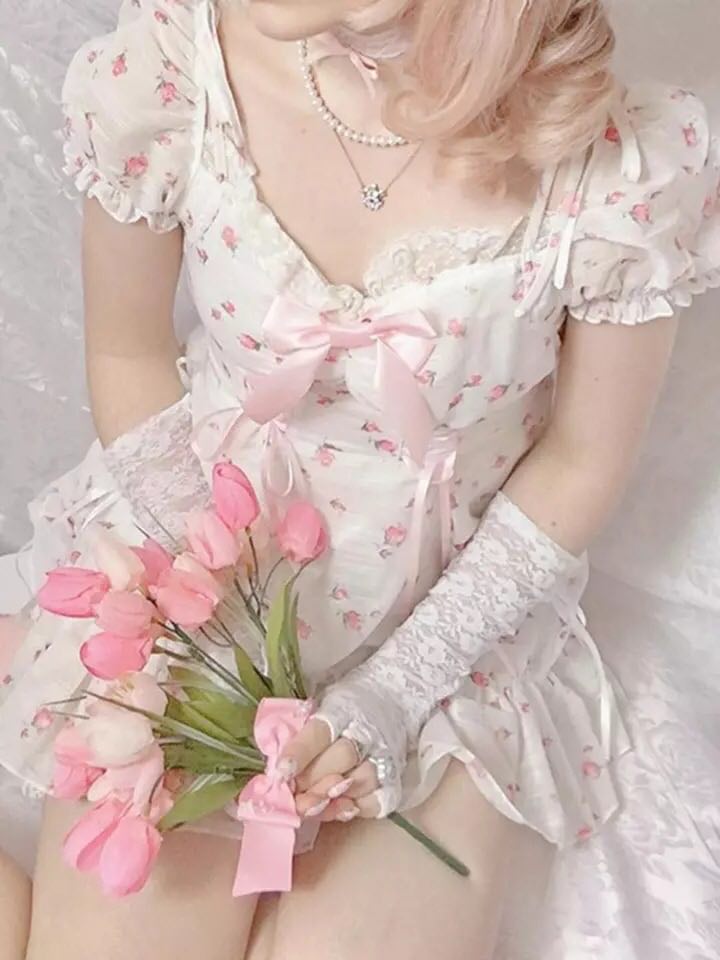 White Floral Puff Short Sleeve Lace Patchwork Mini Dress Summer Aesthetic Casual E-Girl Kawaii Korean Japanese Harajuku