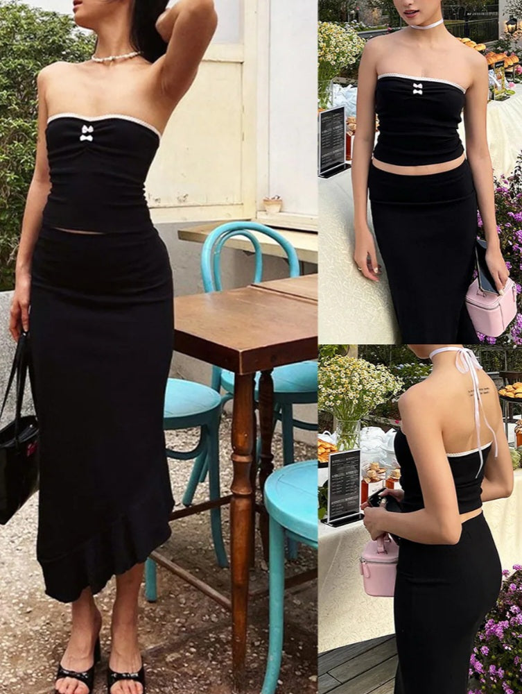 2PCS Black Lace Patchwork Tube Top + Maxi Irregular Skirt