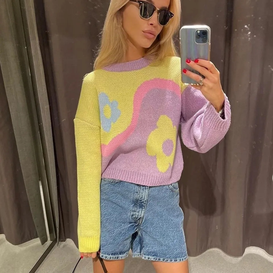 Purple & Yellow Flower Print Patchwork Sweater
