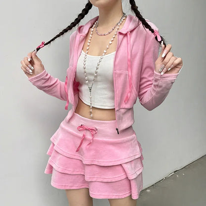 2PCS Pink Zipper Hoodie + Tiered Mini Skirt Set