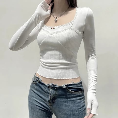 White Lace Trim Square Collar Long Sleeve Shirt