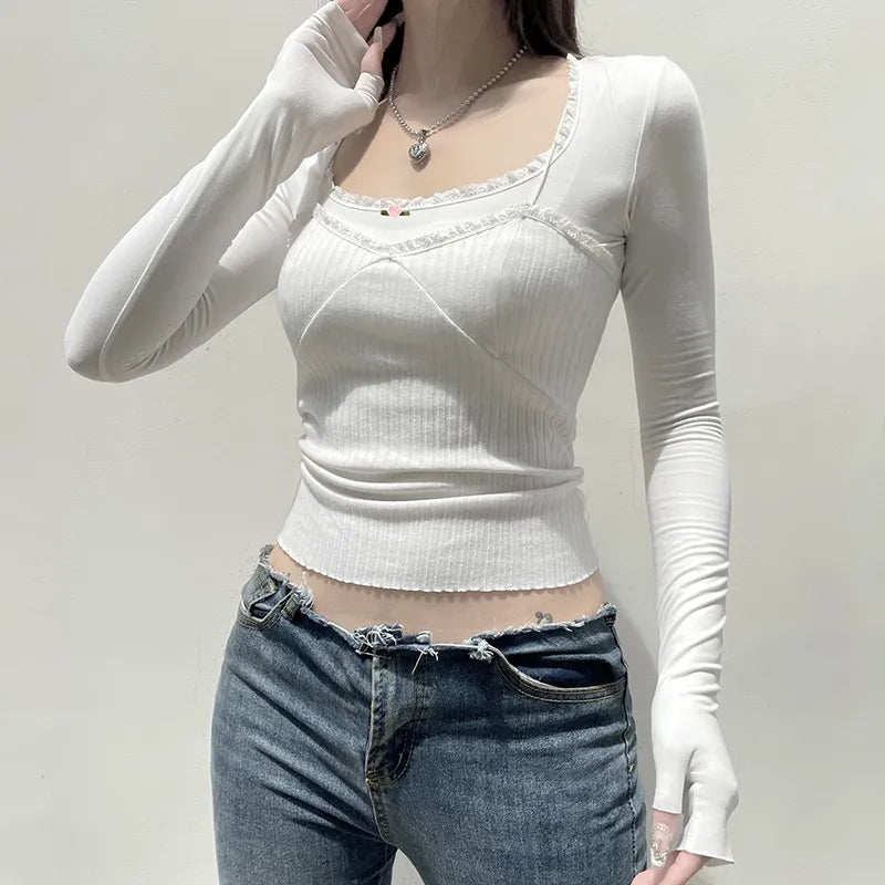 White Lace Trim Square Collar Long Sleeve Shirt