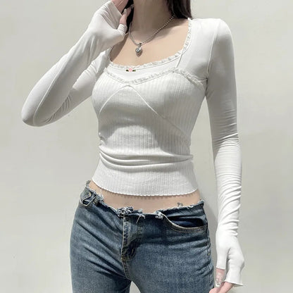 White Lace Trim Square Collar Long Sleeve Shirt