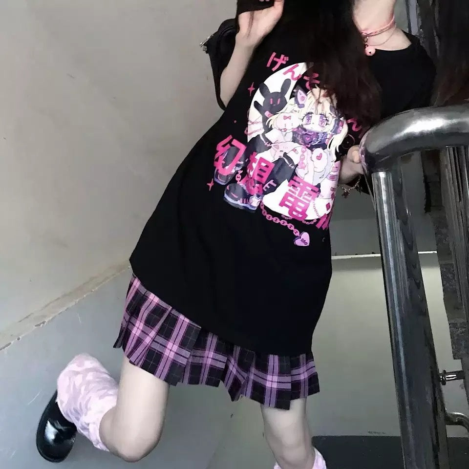 Anime Cartoon Print Grunge Loose Steampunk Goth Punk Short Sleeve Shirt T-shirt Top Summer Causal E-Girl Kawaii Korean Japanese Harajuku Streetwear