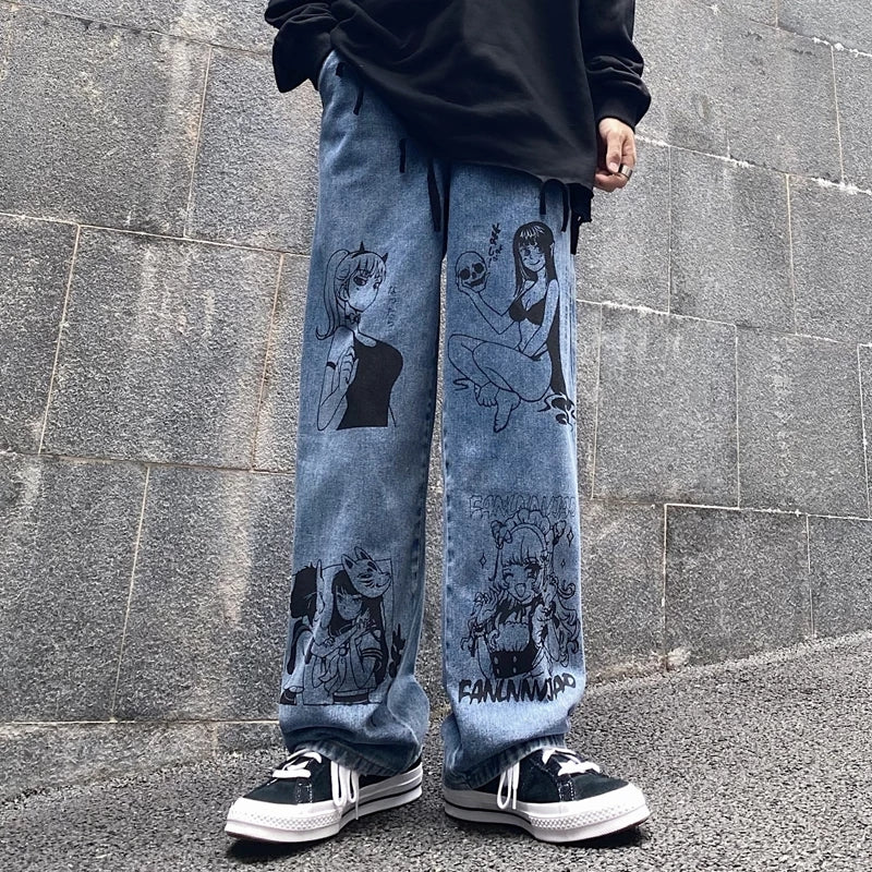 Cute Anime Girl Cartoon Print Denim Jeans Trousers Wide Leg Pants Bottoms Aesthetic Casual Summer E-Girl Kawaii Korean Japanese Harajuku