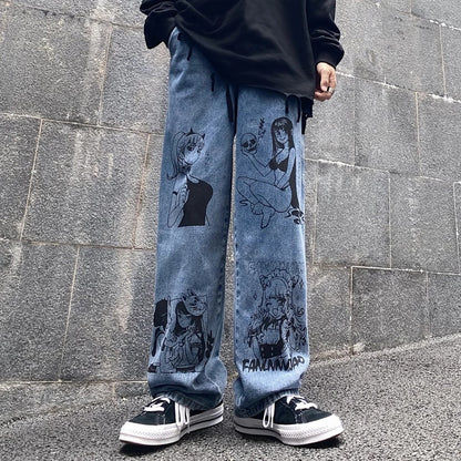 Cute Anime Girl Cartoon Print Denim Jeans Trousers Wide Leg Pants Bottoms Aesthetic Casual Summer E-Girl Kawaii Korean Japanese Harajuku