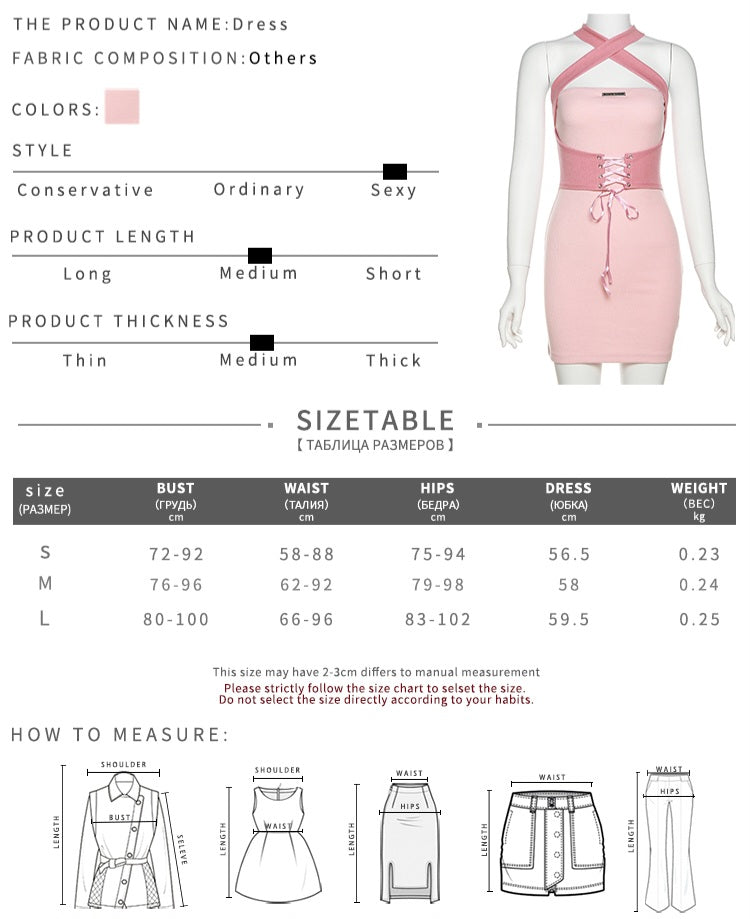 Pink Tie Up Corset Waist Bodycon Mini Dress