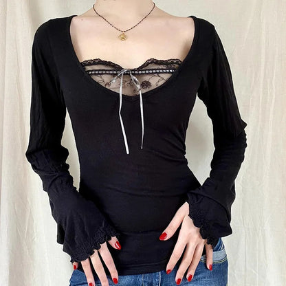 Black Lace Patchwork Long Sleeve Shirt