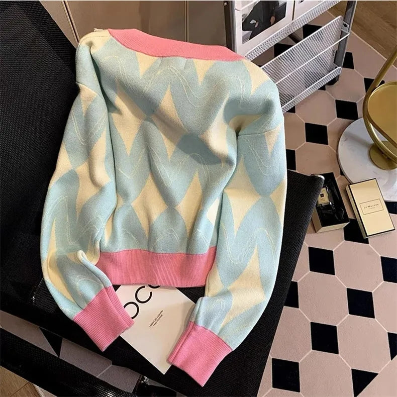 Pastel Argyle V Neck Cardigan Sweater