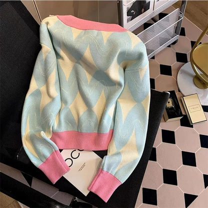 Pastel Argyle V Neck Cardigan Sweater
