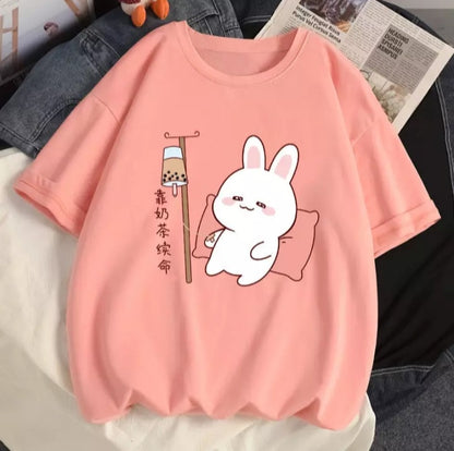Cute Rabbit Boba Bubble Milk Tea Graphic Cartoon Print Loose Short Sleeve T-shirt Aesthetic Casual Summer E-Girl Kawaii Korean Japanese Harajuku