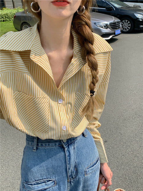 Yellow Stripe Loose Long Sleeve Shirt