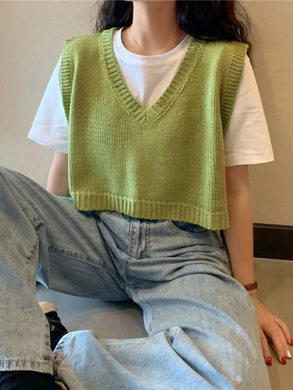 Green V Neck Knit Sweater Vest