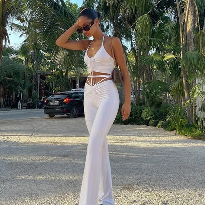 2PCS Blue Bandage Drawstring Halter Top + Flare Pants