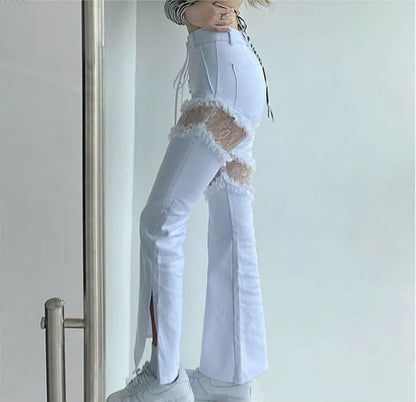 Cute White Lace Hollow Out Side Split High Waist Flare Denim Jeans Pants Trousers Summer Aesthetic Casual E-Girl Kawaii Korean Japanese Harajuku
