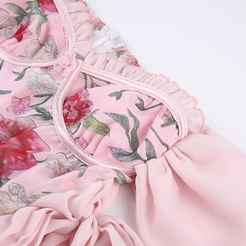 Pink Rose Lace Up Mini Dress