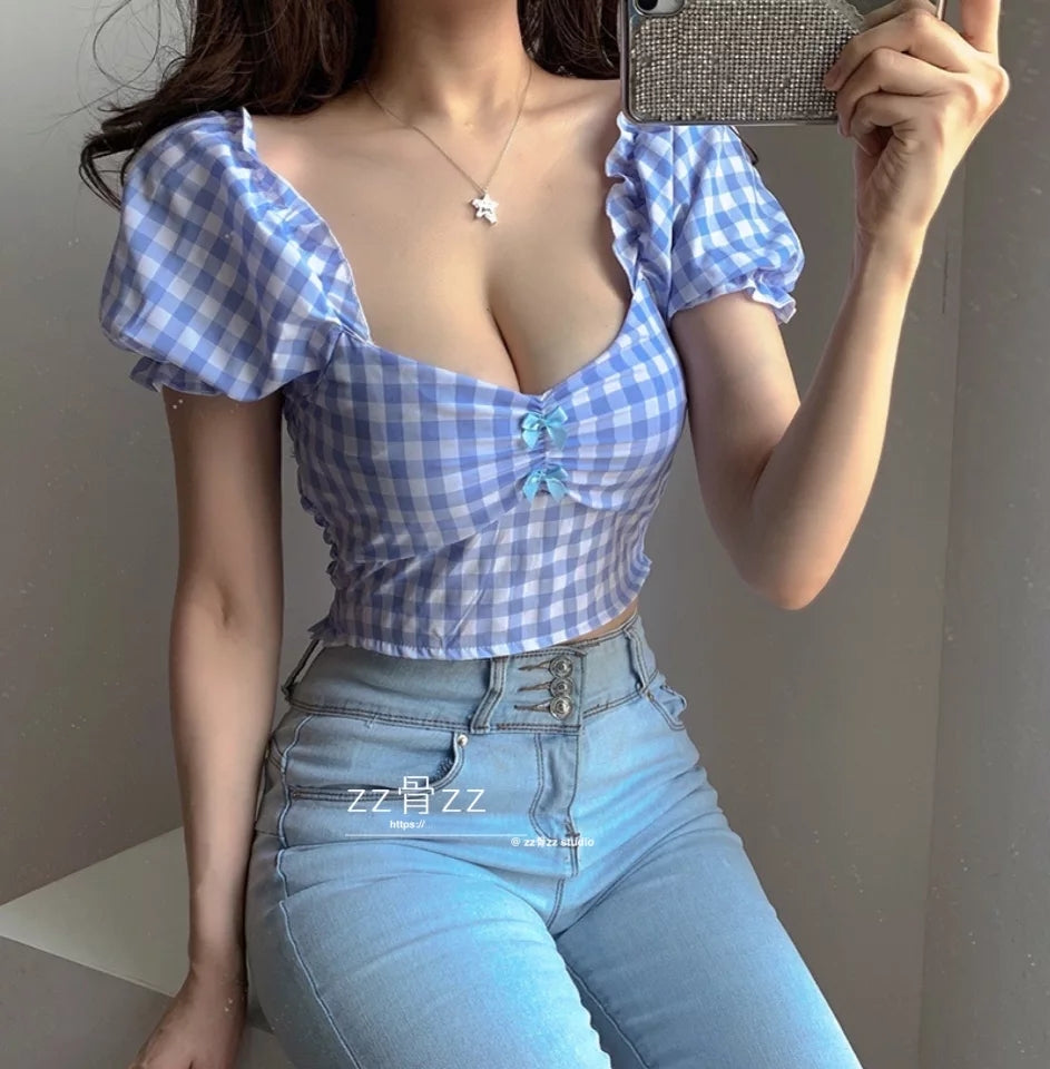 Cute Sexy Blue Plaid Print Bow Ribbon Collar Puff Short Sleeve Shirt Blouse Aesthetic Casual Summer E-Girl Kawaii Korean Japanese Harajuku