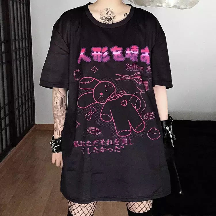 Cute Black Rabbit Bunny Print Oversized Loose Short Sleeve Shirt Tee T-shirt Summer Casual Goth Punk E-Girl Kawaii Korean Japanese Harajuku Streetwear