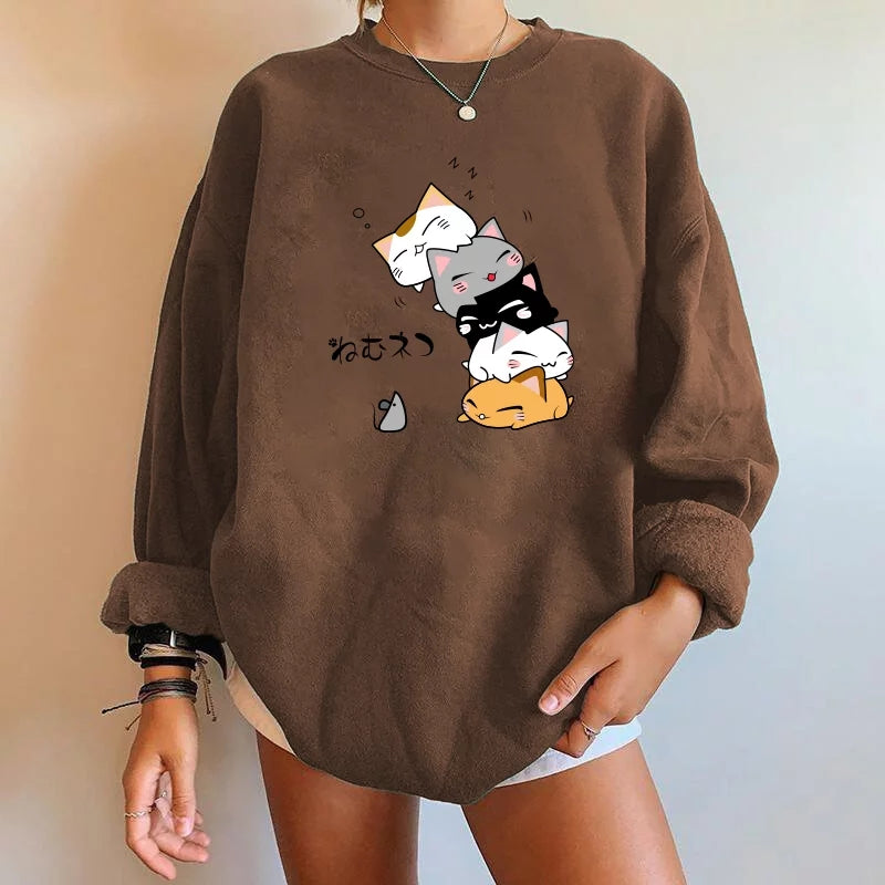 Cute Cat Print Oversized Sweatshirt Pullover Sweater Hoodie Aesthetic Casual E-Girl Kawaii Korean Japanese Harajuku