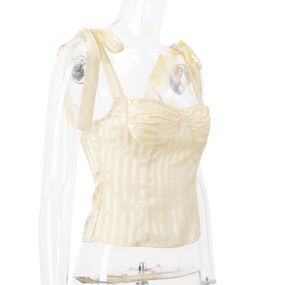 Sweet Yellow Bow Lace Up Satin Top