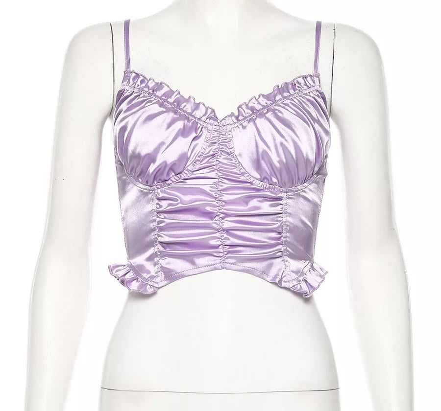 Cute Sexy Purple Silk V Neck Ruffled Blouse Crop Top Shirt Tee T-shirt Kawaii Korean Japanese Harajuku Chinese Retro Streetwear Aesthetic Fashion