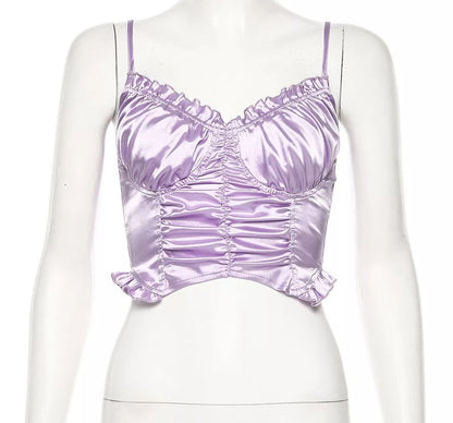 Cute Sexy Purple Silk V Neck Ruffled Blouse Crop Top Shirt Tee T-shirt Kawaii Korean Japanese Harajuku Chinese Retro Streetwear Aesthetic Fashion