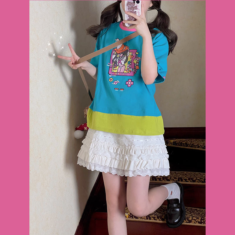 Colorful Anime Girl Graphic Print Short Sleeve T-shirt