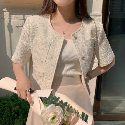 Heart Button Tweed Short Sleeve Blouse