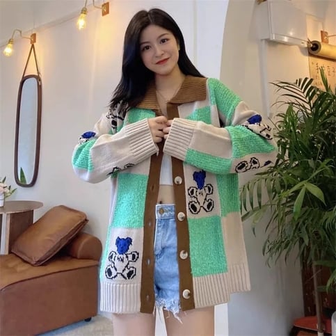 Green & Brown Teddy Bear Patchwork Sweater
