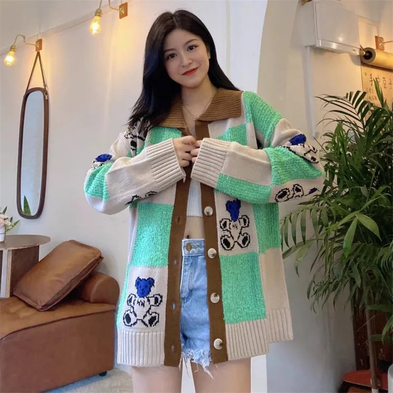 Green & Brown Teddy Bear Patchwork Sweater