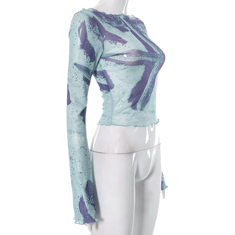 Starfish Mesh Graphic Print Flare Long Sleeve Shirt
