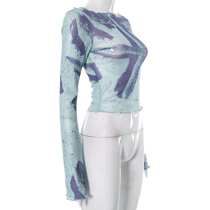 Starfish Mesh Graphic Print Flare Long Sleeve Shirt