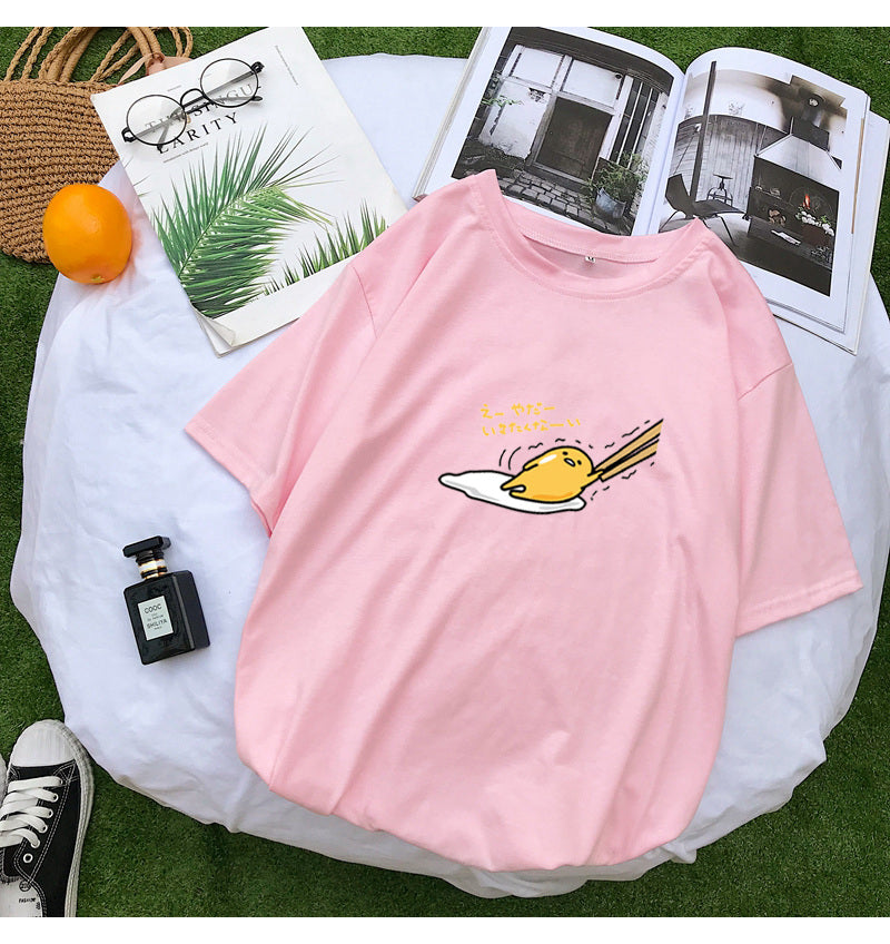 Funny Lazy Egg Cartoon Anime Print Casual Loose Short Sleeve Tee Shirt T-shirt Top E-Girl Kawaii Korean Japanese Harajuku Streetwear