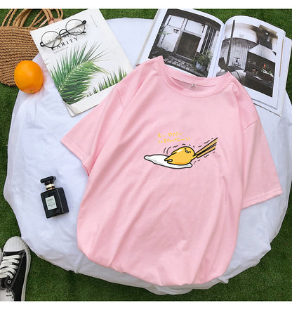 Funny Lazy Egg Cartoon Anime Print Casual Loose Short Sleeve Tee Shirt T-shirt Top E-Girl Kawaii Korean Japanese Harajuku Streetwear